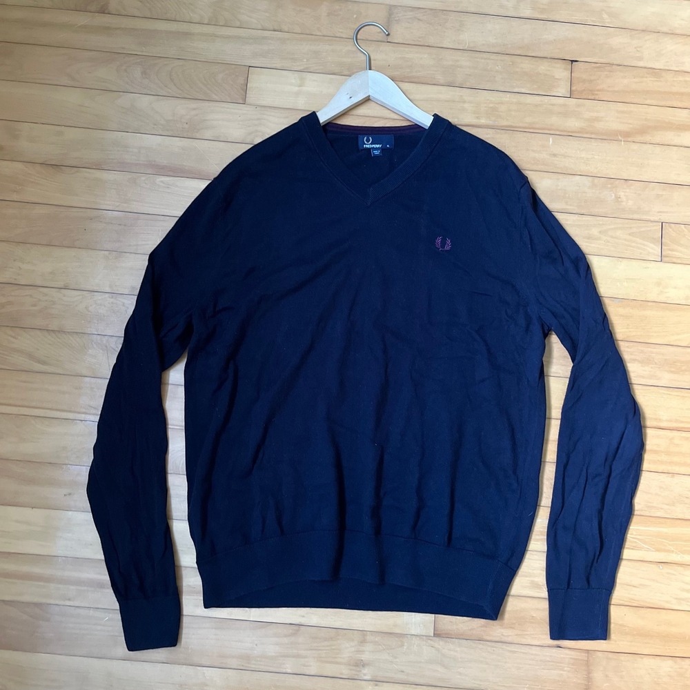Fred Perry Mens Navy Blue Cotton V-Neck Laurel Wreath Sweater XL K8260